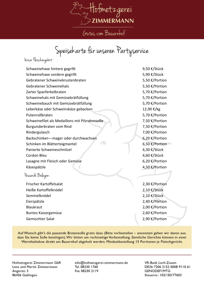 Vorschau der Original-Speisekarte für unseren Partyservice